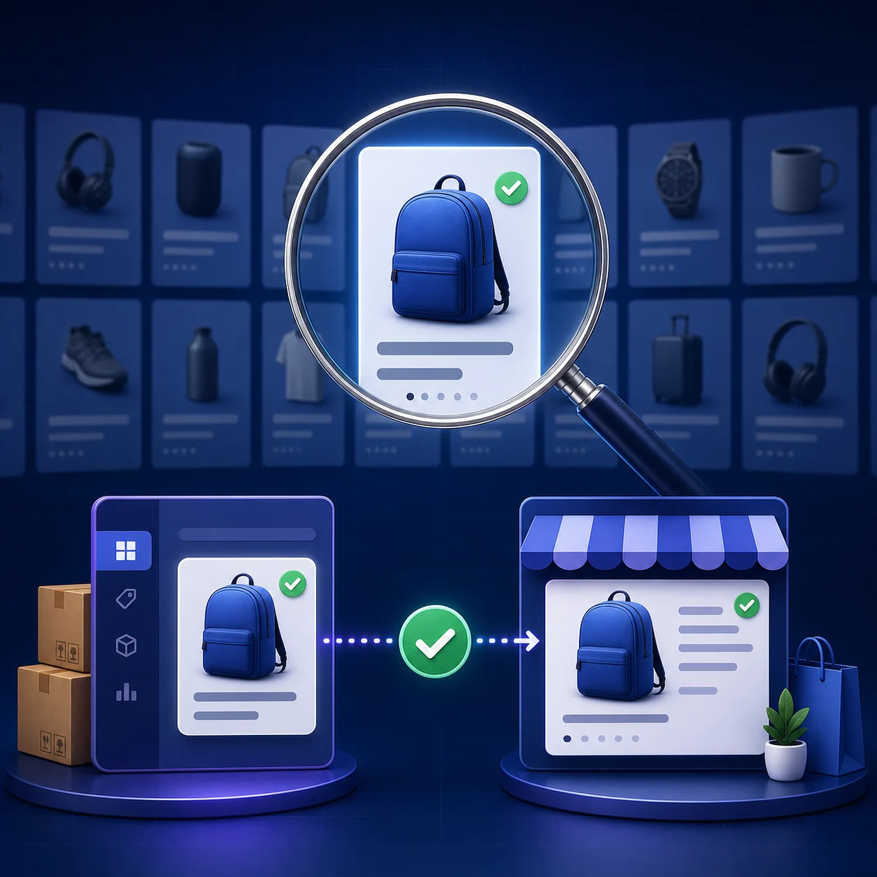 Magnifying glass matching a seller catalog with its live public marketplace product page